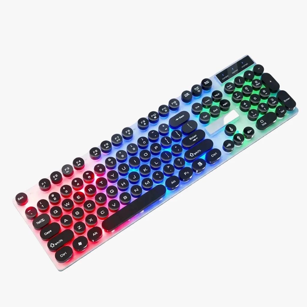 Gaming Keyboard, Mouse & Headset Combo | Blue LED Backlit Retro Round Keys | Wired