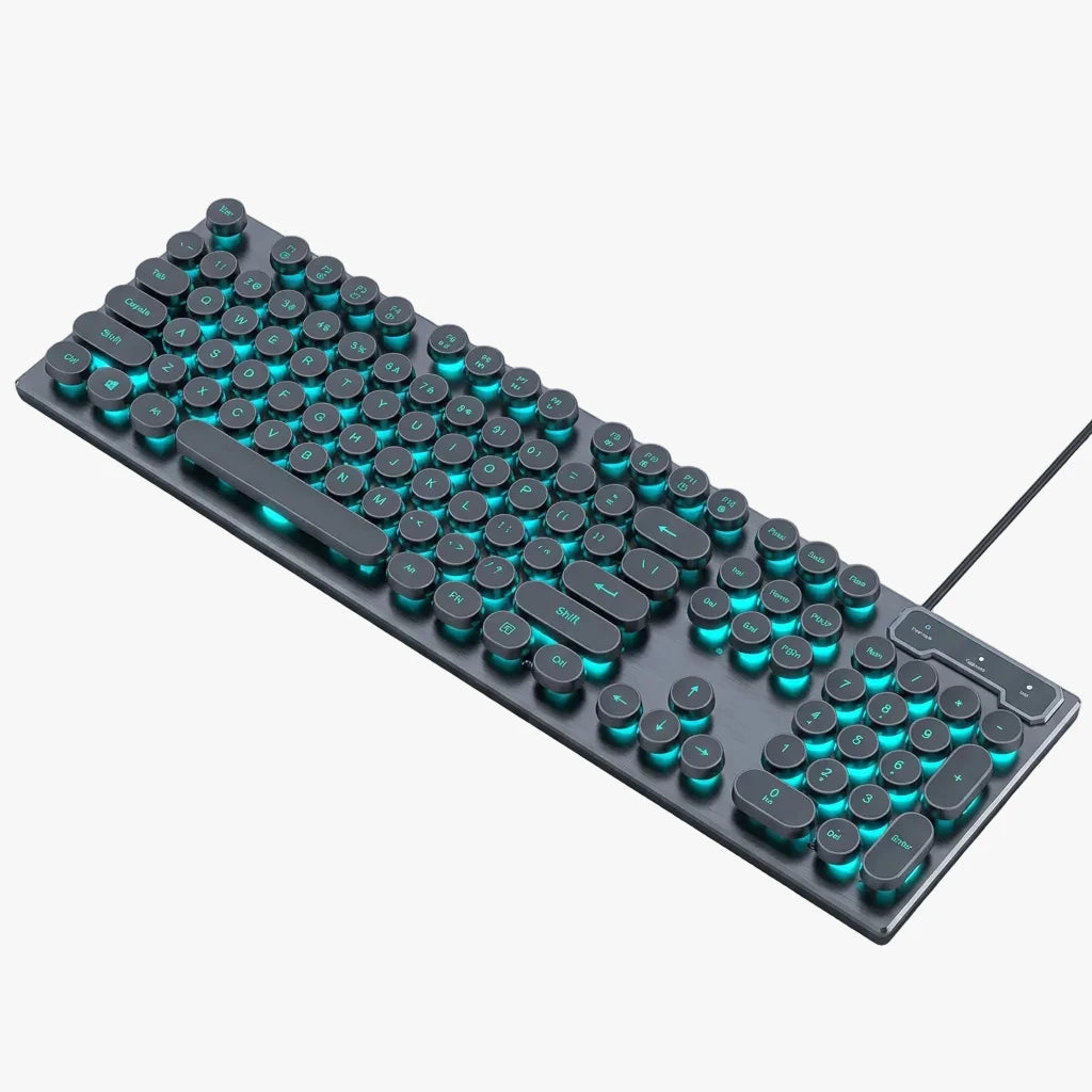 Gaming Keyboard, Mouse & Headset Combo | Blue LED Backlit Retro Round Keys | Wired