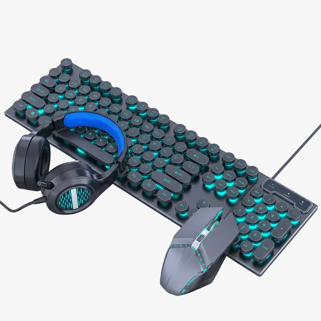 Gaming Keyboard, Mouse & Headset Combo | Blue LED Backlit Retro Round Keys | Wired